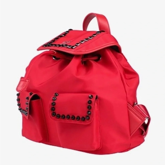 V 1969 Italia Bright Red Fabric Nylon Studded Backpack Bag NWT Medium Purse - Picture 1 of 7
